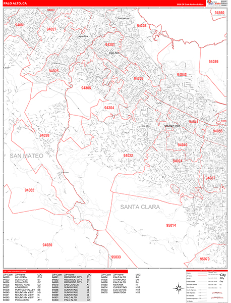 Palo Alto Zip Code Wall Map